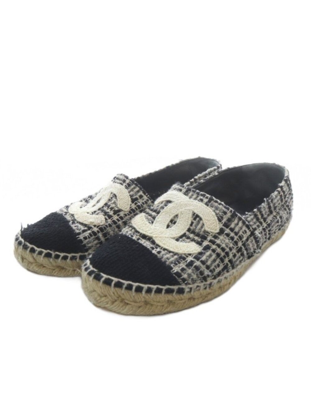 Chanel Slip Ons Tweed CC Logo Espadrilles Gray Black White Slipper 36